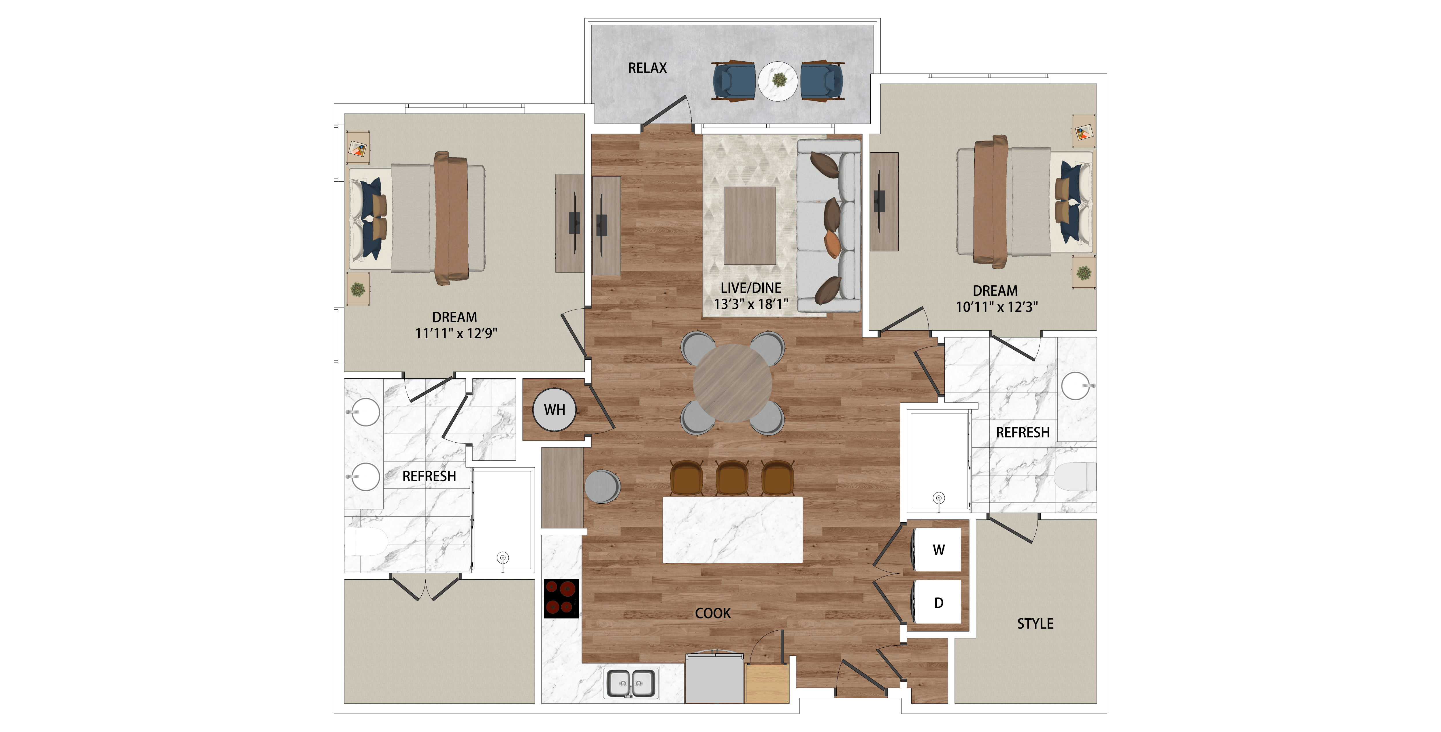 Floor plan for 2 beds, 2 baths, 1169 sqft